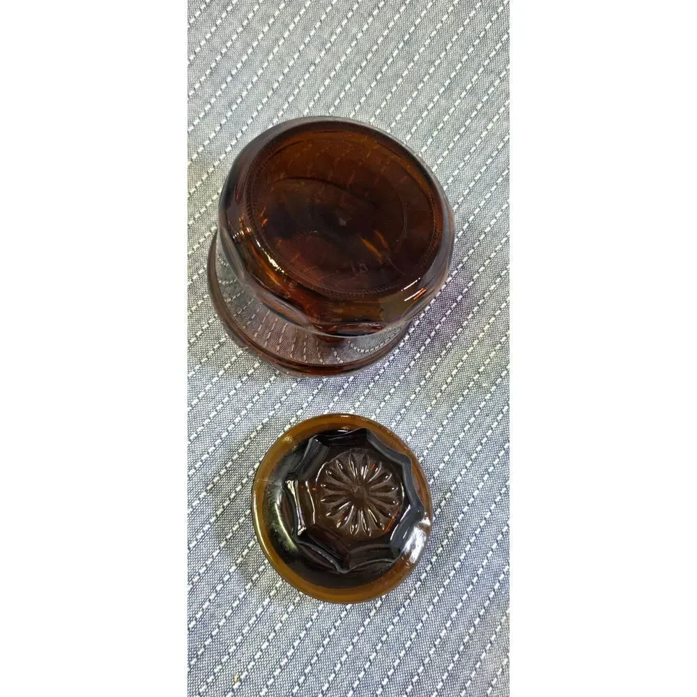 VTG Cremora 1970's Dark Amber Brown Glass Apothecary Jar - Starburst Lid - 4 in